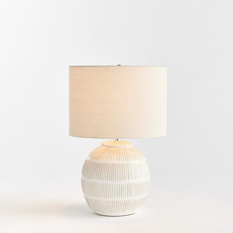 Morford Hatch-Pattern Rounded Ceramic Table Lamp with Linen Shade in Cream