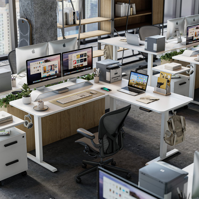 Emilian Adjustabel L Shaped Standing Desk, White, White