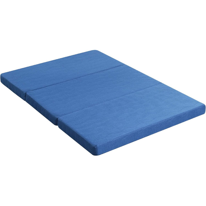 Tri-Folding Memory Foam Mattress Topper, 4 Inch Gel Folding Mattress For Camping, Foldable Guest Bed, Washable Cover, Certipur-US Certified, Soft, Blue