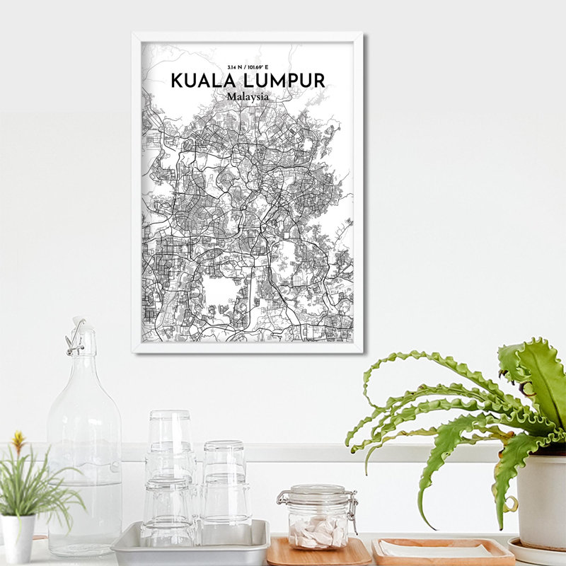 «Kuala Lumpur City Map», impression de luxe, Gris / blanc, H 27,6 po x l 19,7 po