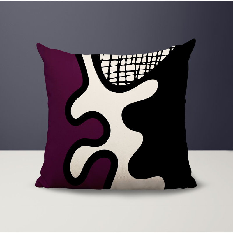 Oreiller carré réversible intérieur / extérieur Vido, H 15 po x l 15 po, Mauve / noir / blanc cassé abstrait