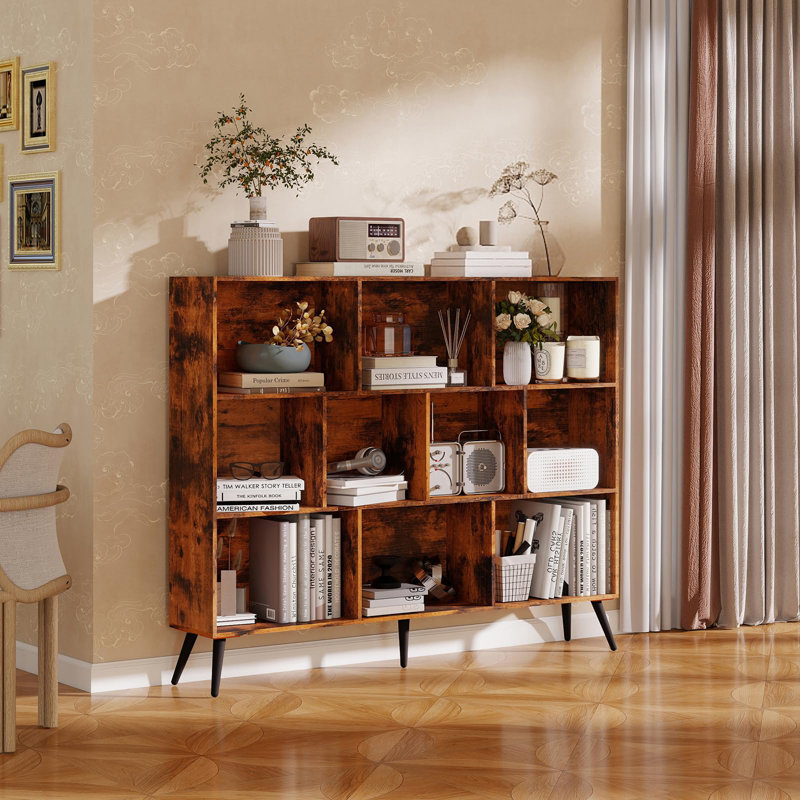 Versatile 10-Cube Wooden Bookcase – 3-Tier Wide Display Storage Organizer with 5 Iron Legs, Freestanding Modern Cabinet for Living Room, Bedroom, Office – Easy to Assemble – Brown, 140x24x111cm
