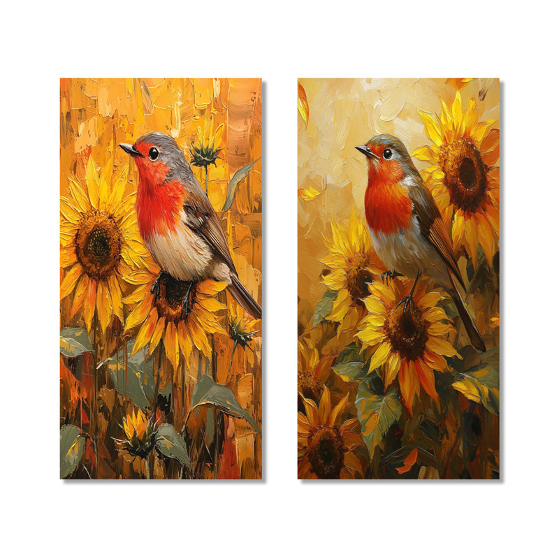 «Robin in the Farm Sunflowers I», ensemble de 2 reproductions d'art mural en métal, 32" H x 32" W