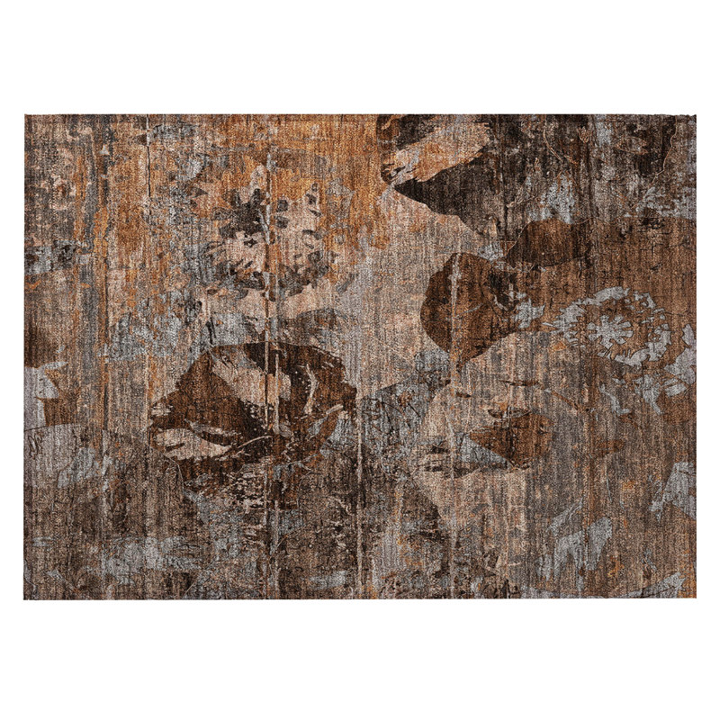 Tapis extérieur lavable antidérapant brun 2 pi x 3 pi à motif floral terre cuite et gris