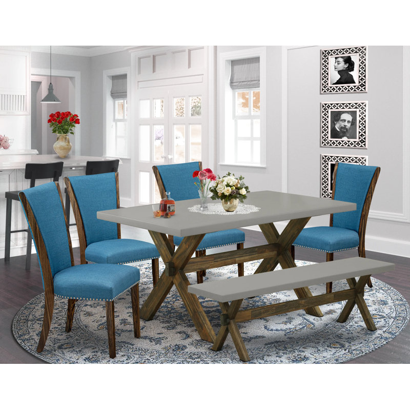 6 Piece Dining Table Set Contains a Rectangle Kitchen Table with X-Legs and 4 Blue Color Linen Fabric Parson Chairs with a Bench, Distressed Jacobean Finish