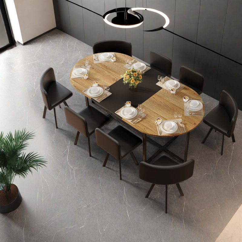 Ensemble de table à manger moderne 9 pièces avec grain de bois, chaises en polyuréthane noir pour la maison