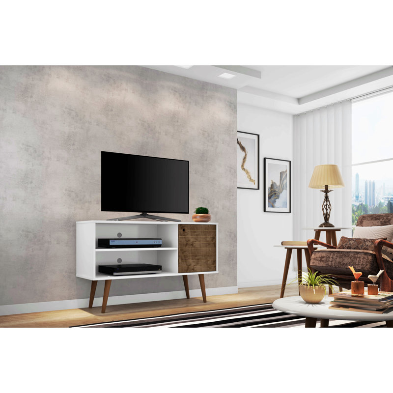 Liberty 43" Mid-Century Modern 3-Shelf TV Stand for TVs up to 43" in White and Rustic Brown, White/Rustic Brown