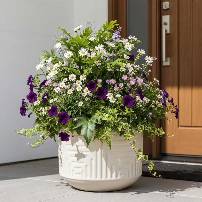 Pot à fleurs intérieur / extérieur en céramique moderne avec trou de drainage, Blanc
