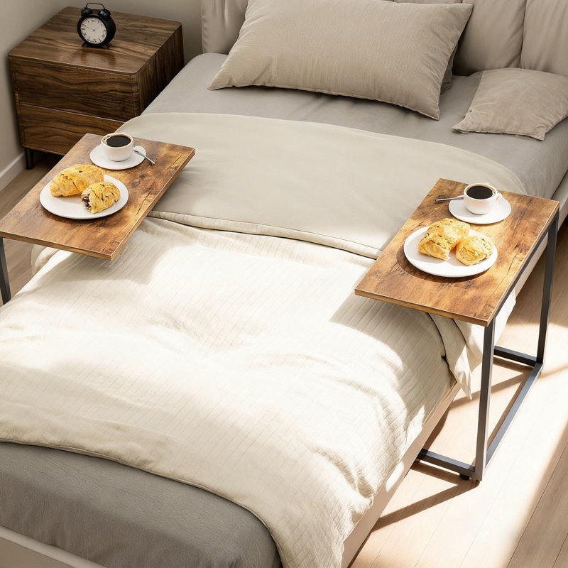 Ensemble de 2 tables d'appoint, plateaux en bois et structure en métal noir, tables basses modernes en forme de C pour chambre, canapé-lit, terrasse ou encore plateau télé pour salon.