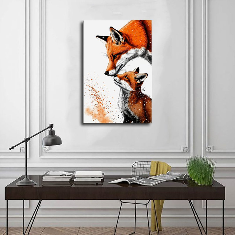 Tableau sur toile Maman renard et son petit renard, imprimé animal mignon - 1 affiche vintage pour la décoration intérieure