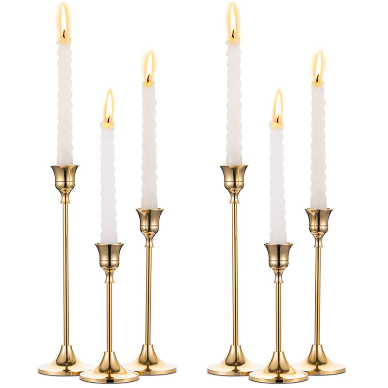 2 Sets(6 Pcs) Brass Gold Metal Taper Candle Holders Candlestick Holders, Vintage Modern Decorative Centerpiece Candlestick Holders