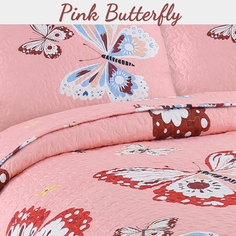 Pink Reversible Microfiber Butterfly Queen Quilt Set