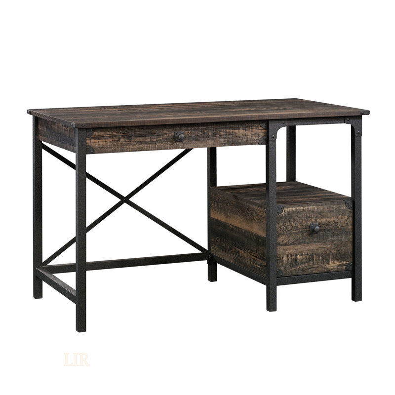 Bureau rustique au fini chêne foncé industriel avec plateau spacieux et solutions de rangement organisées pour les espaces de travail modernes