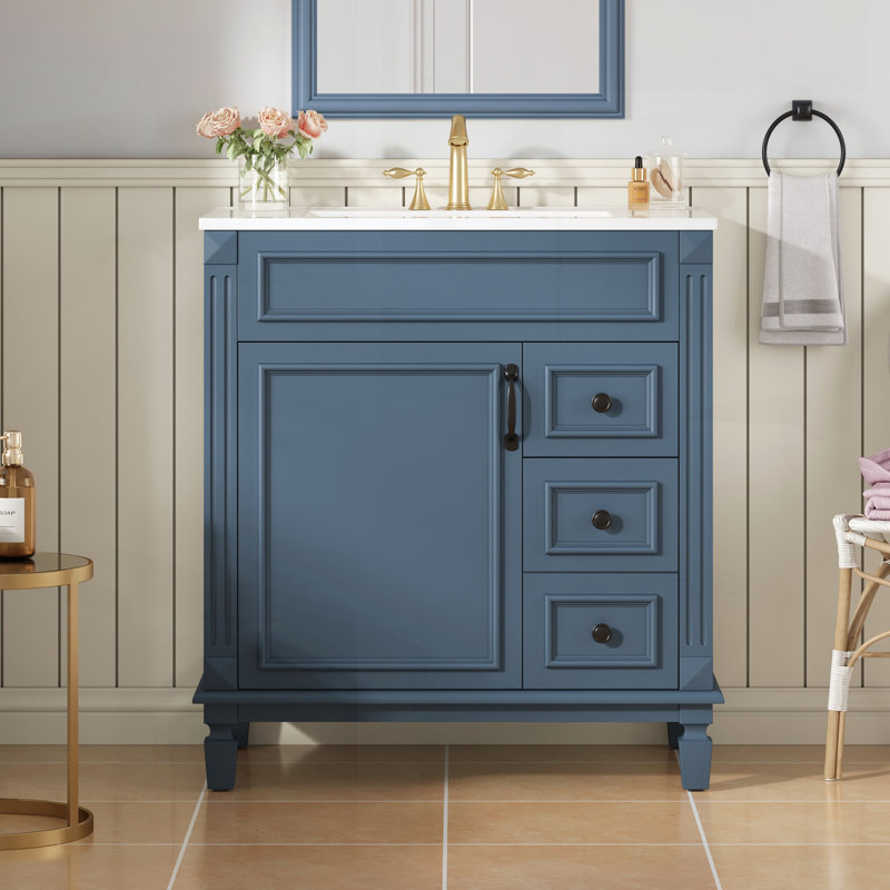 Élégant meuble-lavabo de 30 pouces avec lavabo en céramique, 2 tiroirs et tablette réglable pour les petits espaces, Bleu