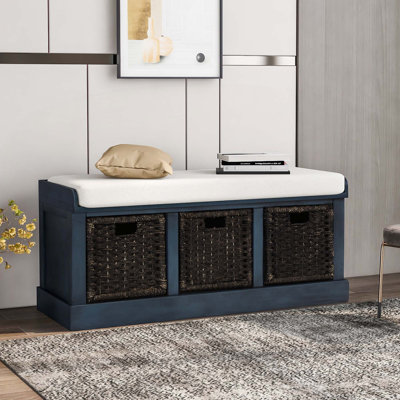 Banc de rangement rustique avec 3 paniers en rotin classiques amovibles, banc d'entrée avec coussin amovible (bleu marine antique)