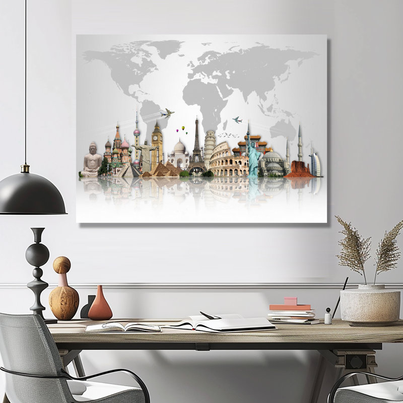 « Famous Monuments Across World », reproduction d'art graphique, H 12 po x l 20 po, Toile tendue, Sans cadre