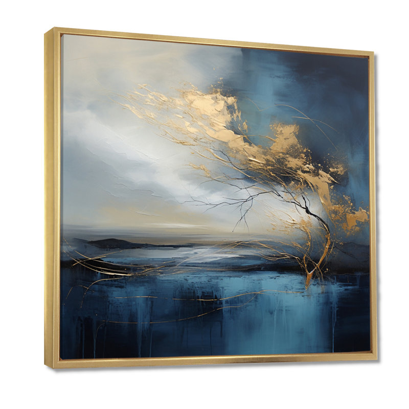 «Lonely Tree Storm Is Coming», impression d'art abstrait paysage mural, Cadre flottant doré, H 30 po x l 30 po