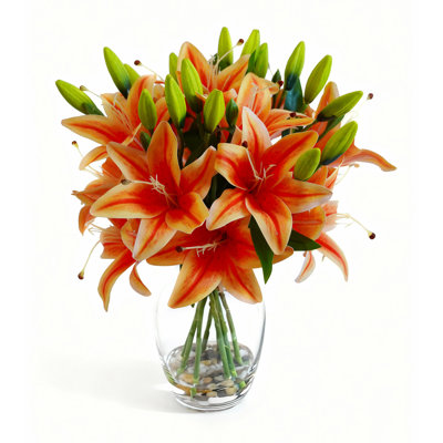Fleurs artificielles dans un vase avec de l'eau artificielle - lys orange réalistes - arrangement floral élégant pour la maison, le bureau, les anniversaires, les anniversaires, les occasions spéciales