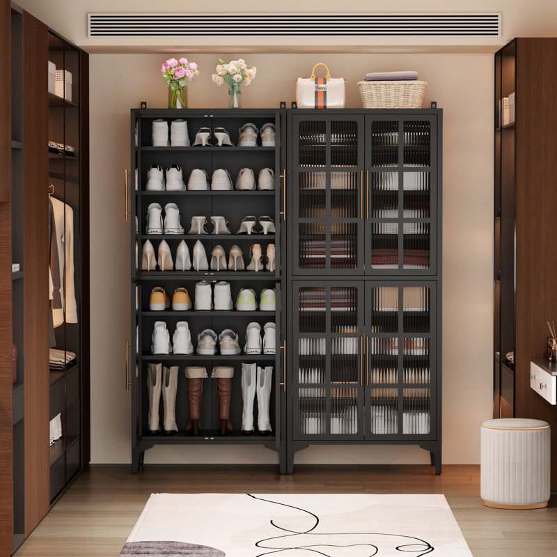 Steel Shoe Cabinet With 4 Doors & 8 Adjustable Shelves, Large Capacity Storage Organizer With Hooks – 65"H X 27.6"W X 13.8"D, Black