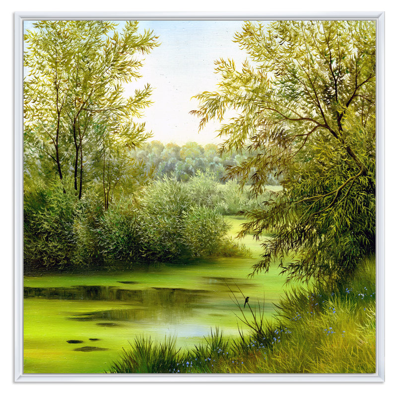 «Beautiful Summer River Through Trees Landscape», reproduction sur toile, H 16 po x l 16 po x P 1 po, Cadre flottant blanc