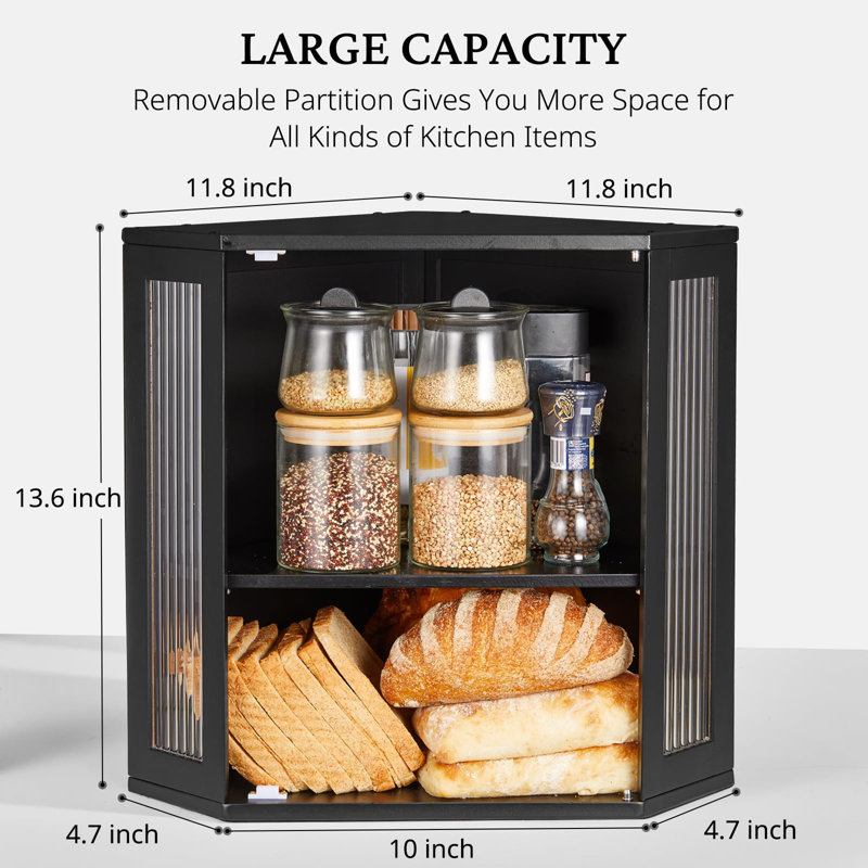 Boîte à pain de coin double pour comptoir de cuisine avec cloison réglable en hauteur, grande boîte à pain en bois de bambou noir