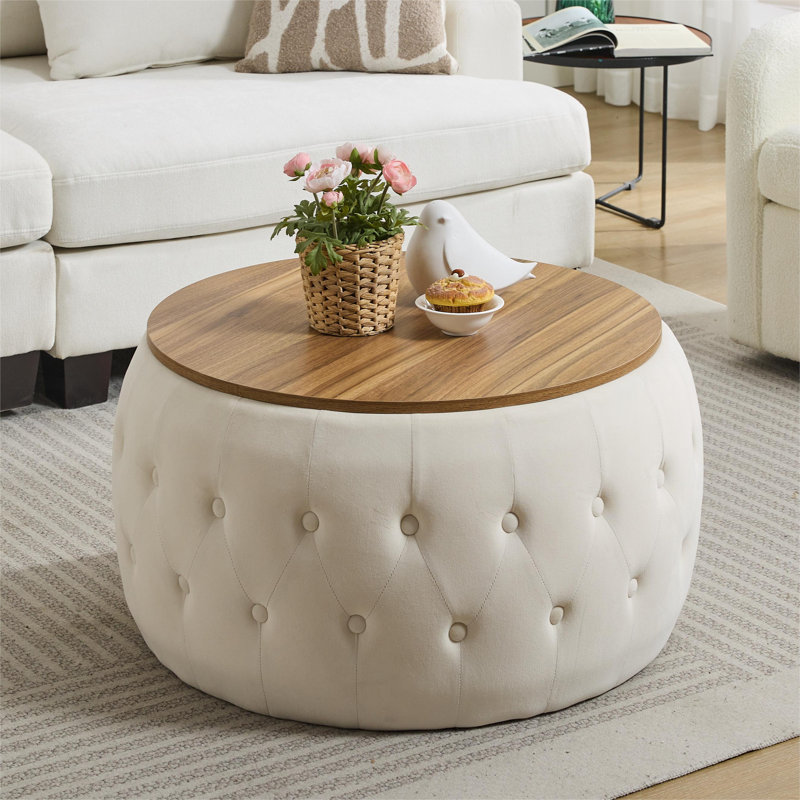 Table basse ronde avec rangement et plateau amovible, Crème, H 17 po x L 31 po x l 31 po