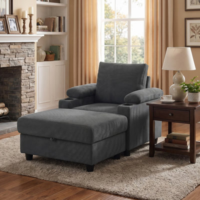 Ensemble de fauteuil d'appoint et repose-pieds avec rangement, méridienne polyvalente, lit convertible avec dossier inclinable, porte-gobelets et ports USB-C