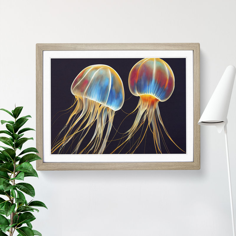 Jellyfish Painted - Single Picture Frame Print, 46cm H x 64cm W x 2cm D, Oak Framed
