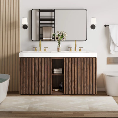 Meuble-lavabo moderne autoportant en noyer de 152 cm (60 po) avec lavabo double, style ferme, meuble-lavabo sur pied de style milieu du siècle