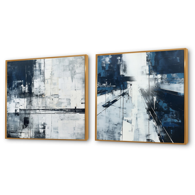Ensemble de 2 collages carrés noirs en noir et blanc, H 16 po x l 33 po, Cadre flottant doré
