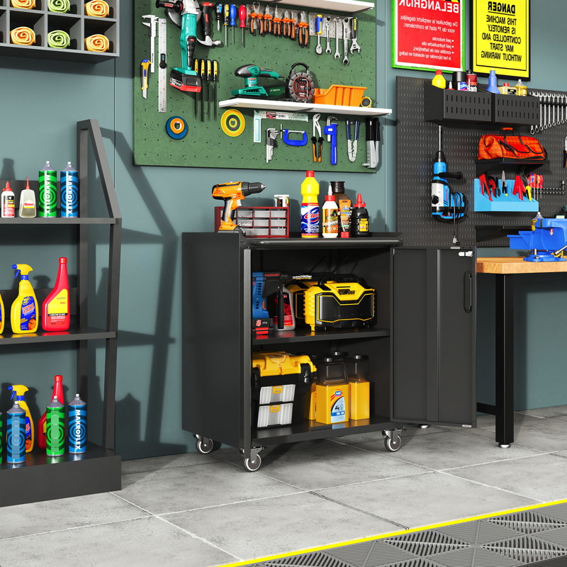 Armoire de rangement en métal à roulettes - pratique et durable pour le garage, le bureau et la maison. Tablettes réglables, roulettes verrouillables, mobilité élevée, surface supérieure surélevée pour rouler, armoire. Noir