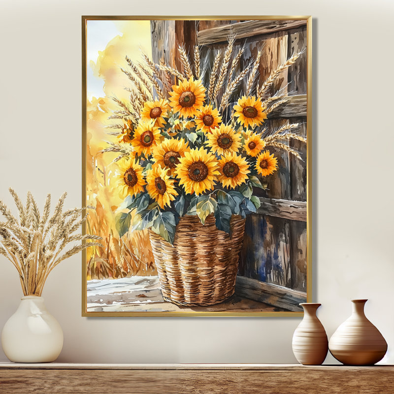 Concession de tournesol et bouquet de blé à la grange - tournesols, impression sur toile, Impression encadrée flottante, Doré