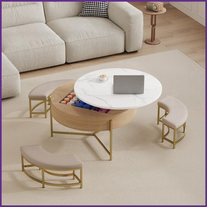 Table basse ronde moderne avec rangement 3 repose-pieds - blanc et amp; Plateau relevable naturel, peu encombrant pour le salon