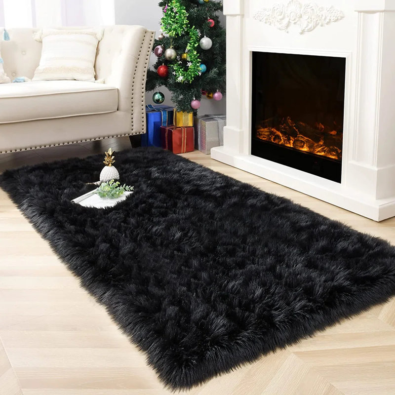 Ismene Solid Colour Shag Area Rug, Rectangle 100 x 180 cm, Black