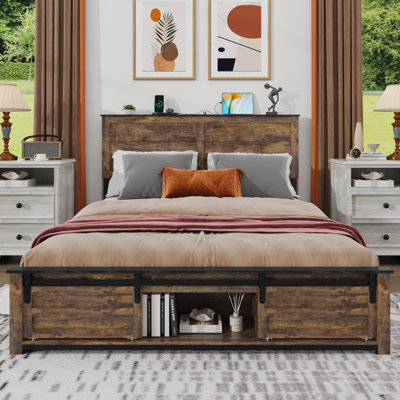 Farmhouse Wood Bed Frame, Sliding Barn Door Footboard Storage Cabinets,Including Charging Stations And LED Lights