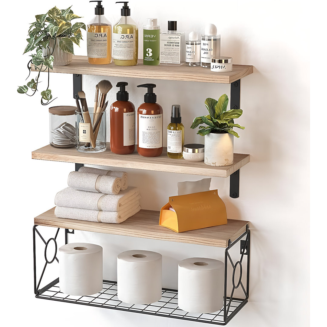 Paulownia Wood Floating Shelves With Wire Storage Basket, 3-Tier Wall Shelves For Bathroom & Kitchen