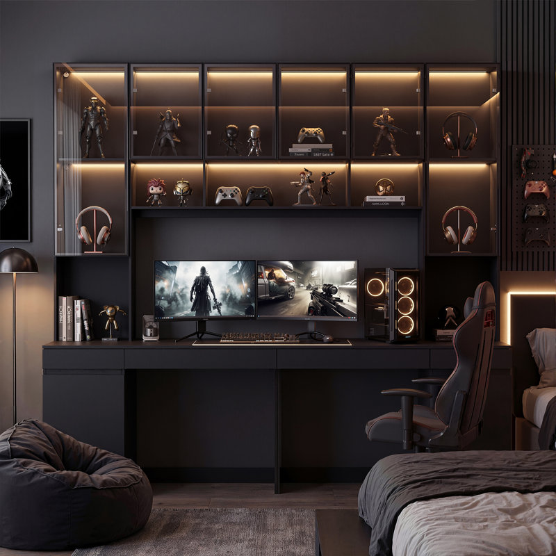 Cantino 90.6'' W Computer Desk with Hutch and LED Lighting