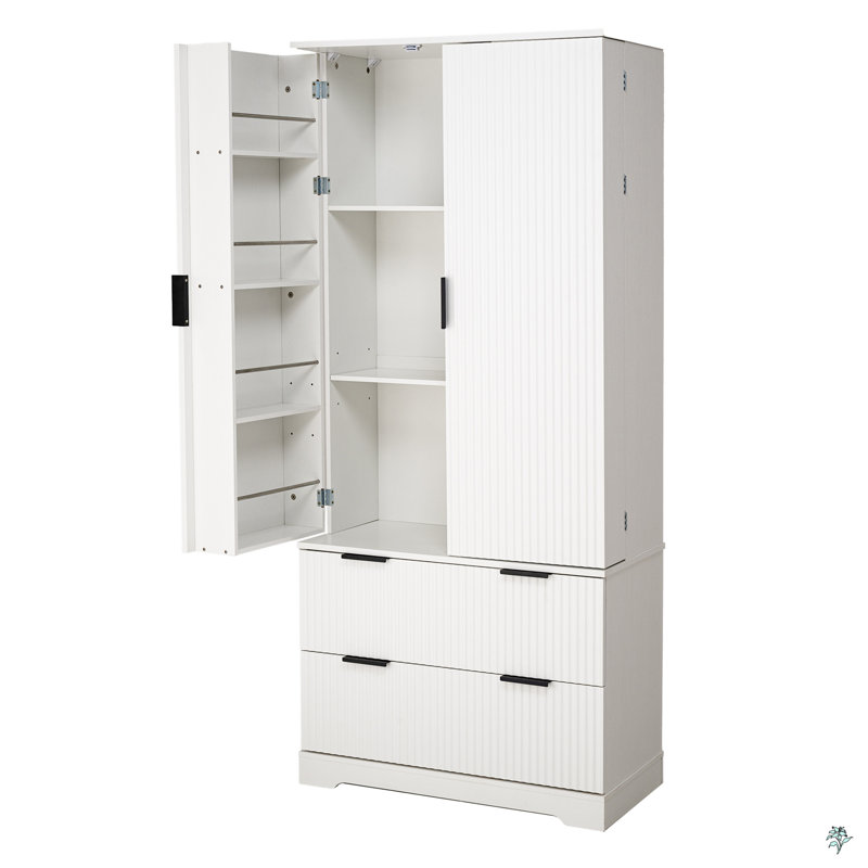 Fluted Kitchen Pantry Cabinet With 2 Large Drawers & 8-Door Spice Rack, Freestanding Storage Organizer, White