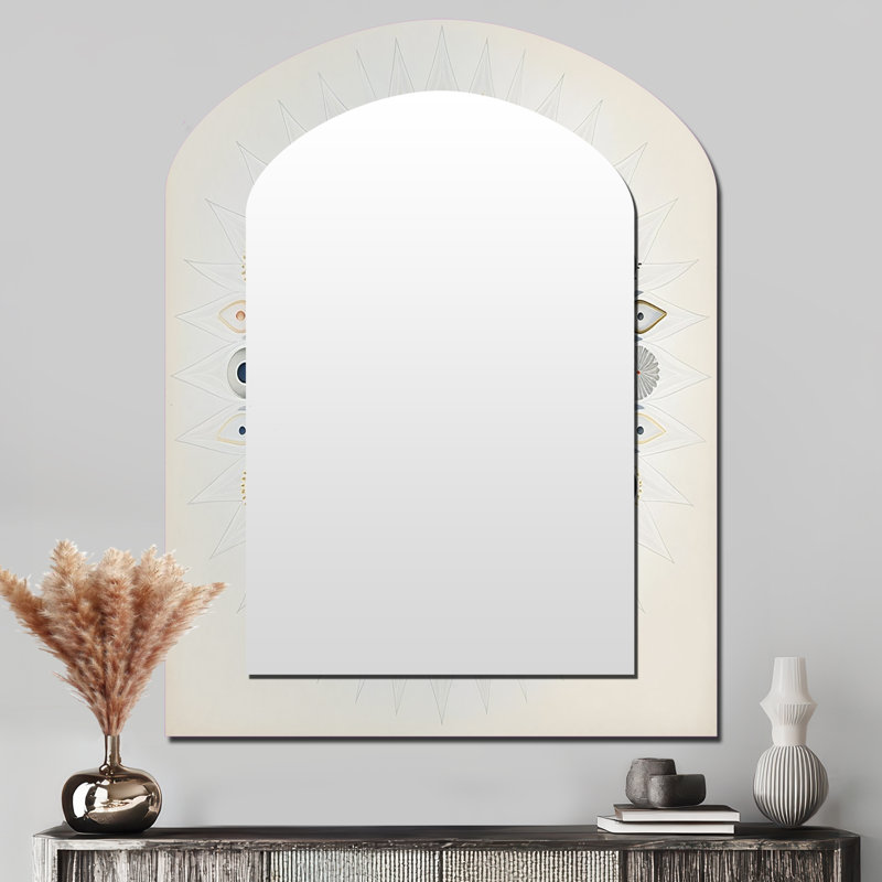 Visionary Dream Retro Mandala On White II - Grand miroir mural arqué sur métal, 43 po x 33 po