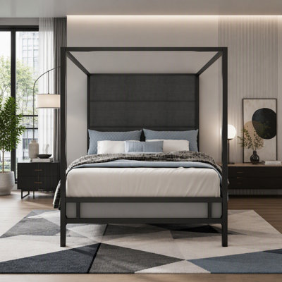 Modern Canopy Bed Frame with 76.5" Tall Linen Upholstered Headboard, Black Metal 4-Poster Canopy Bed with Elegant Design, King Size