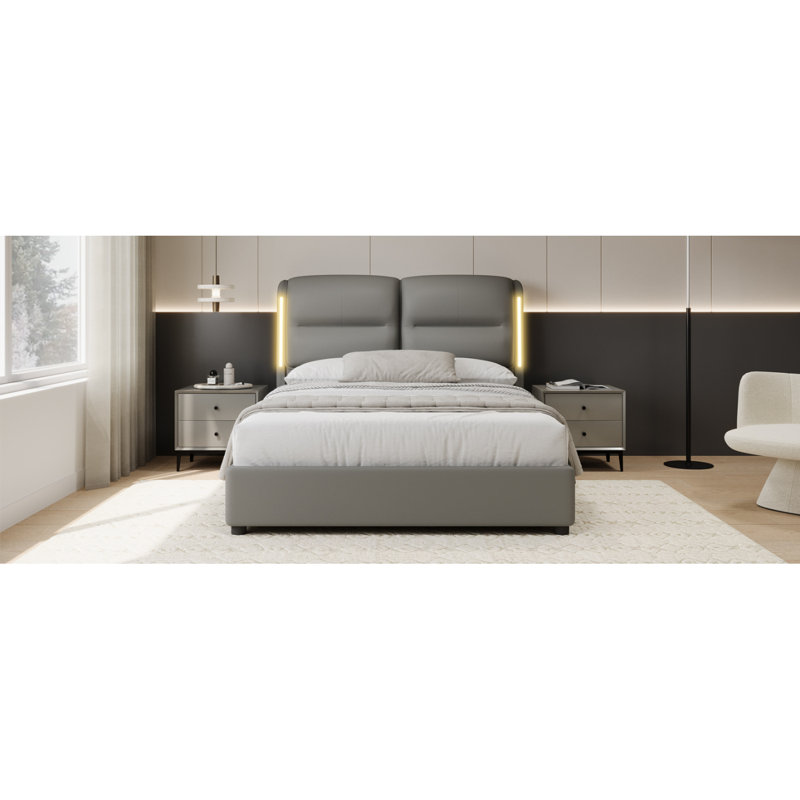 PU Leather Hydraulic Platform Bed with Lift Up Storage and Sensor LED Lights, Light Gray