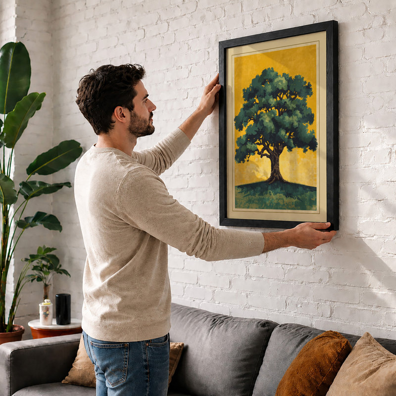 Tree in Golden Light Botanical - Framed Print, A2 - 59.4 x 42.0 cm, White