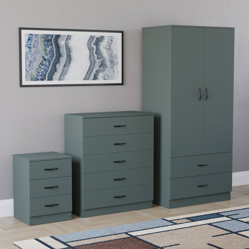 Maybery 3 Piece Bedroom Set (3 Drawer Bedside Chest, 5 Drawer Chest, 2 Door 2 Drawer Wardrobe), (4), Green