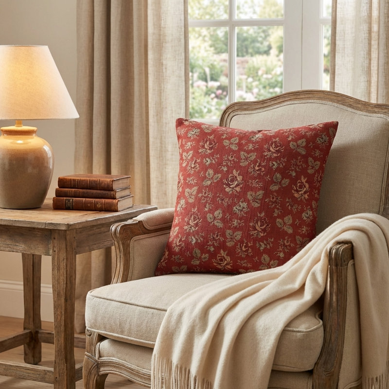 Fleurs de cerisier de jardin Plutus imprimées sur un polyester d'aspect lin. Coussin Luxury, 16 po x 16 po, Kaki