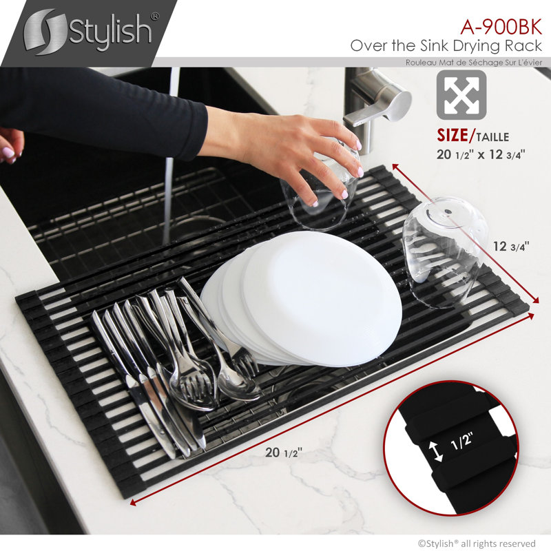 STYLISH 20 inch Over The Sink Roll-up Dish Drying Rack, Black