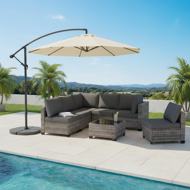 7-Piece Rattan Outdoor Sectional Seating Group with Cushions, Gray, Gray
