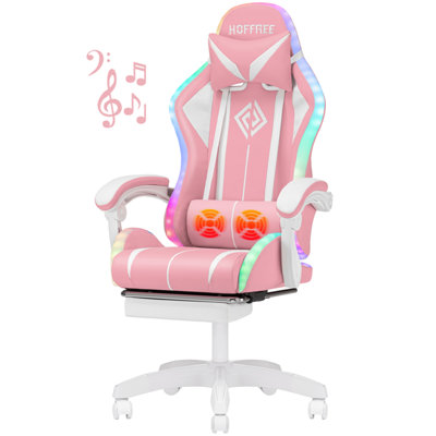 Hoffree LED Ergonomic Gaming Chair with Bluetooth Speakers and Vibration Lumbar Pillow
