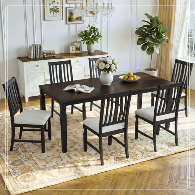 Ensemble de table de salle à manger extensible 7 pièces pour 6 personnes, table en placage de chêne de style campagnard et 6 chaises rembourrées, pieds en bois d'hévéa
