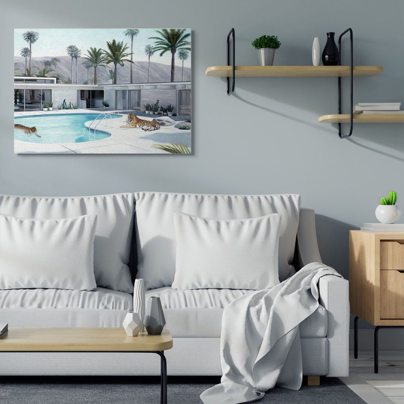 «Tiger Summer Piscine Modern House Palm Trees» par Daphne Polselli - impression d'art graphique, H 36 po x l 48 po