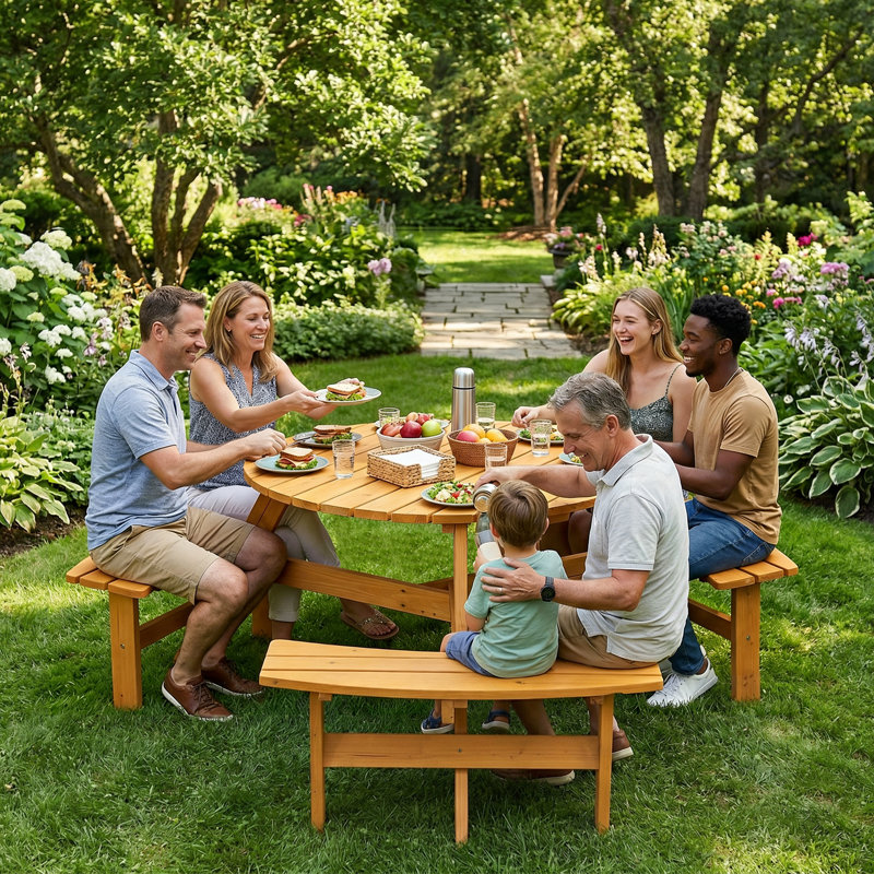 Ensemble de table de pique-nique 6 personnes avec 3 bancs intégrés et trou pour parasol, jaune, Jaune